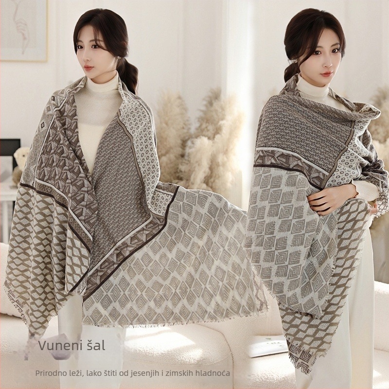 Šal od janjeće vune s otiskom, etnički stil, dvostruka namjena: šal i marama, debeo za sve sezone