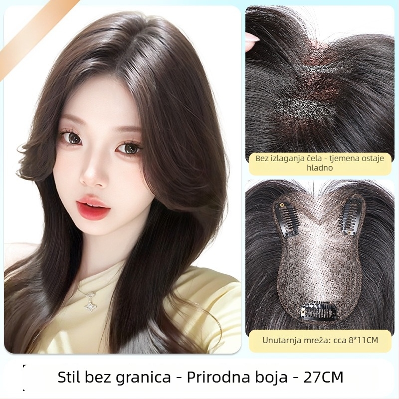 Jednodelni topper za žene, pokriva vrh glave, volumen i realan izgled, bezšivni dizajn; vlakna otporna na visoke temperature; polu ručno izrađeni; pramenovi: ravni ili kosi; univerzalno pristaje