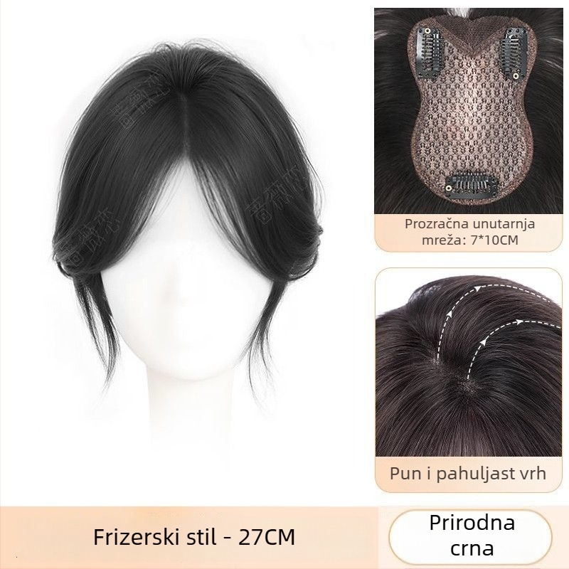 Jednodelni topper za žene, pokriva vrh glave, volumen i realan izgled, bezšivni dizajn; vlakna otporna na visoke temperature; polu ručno izrađeni; pramenovi: ravni ili kosi; univerzalno pristaje