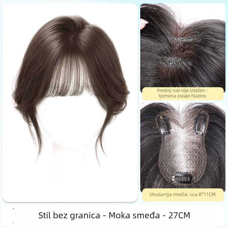 Jednodelni topper za žene, pokriva vrh glave, volumen i realan izgled, bezšivni dizajn; vlakna otporna na visoke temperature; polu ručno izrađeni; pramenovi: ravni ili kosi; univerzalno pristaje