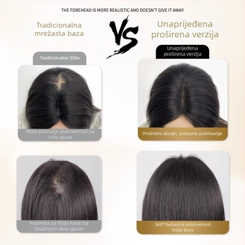 Perika s bangsom, srednje razdvajanje, pahuljast i prirodan izgled, kosa od žice otporne na visoke temperature, I-oblik blok zamjenskih bangs, mehanizam