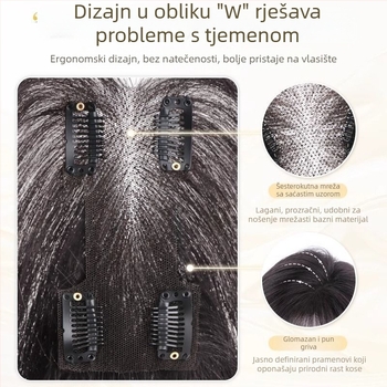 Perika s bangsom, srednje razdvajanje, pahuljast i prirodan izgled, kosa od žice otporne na visoke temperature, I-oblik blok zamjenskih bangs, mehanizam