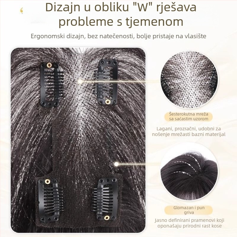 Perika s bangsom, srednje razdvajanje, pahuljast i prirodan izgled, kosa od žice otporne na visoke temperature, I-oblik blok zamjenskih bangs, mehanizam