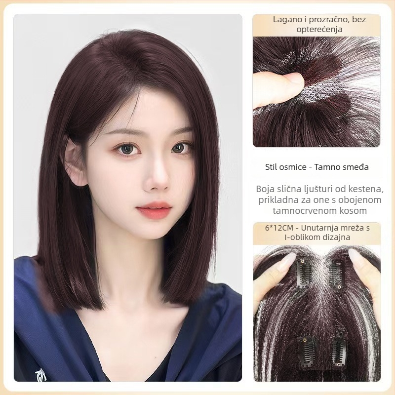 Perika s bangsom, srednje razdvajanje, pahuljast i prirodan izgled, kosa od žice otporne na visoke temperature, I-oblik blok zamjenskih bangs, mehanizam