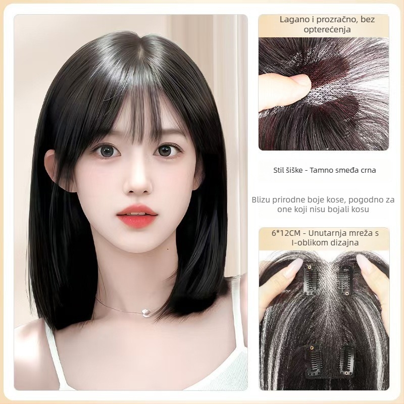 Perika s bangsom, srednje razdvajanje, pahuljast i prirodan izgled, kosa od žice otporne na visoke temperature, I-oblik blok zamjenskih bangs, mehanizam