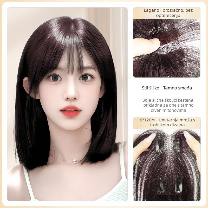 Perika s bangsom, srednje razdvajanje, pahuljast i prirodan izgled, kosa od žice otporne na visoke temperature, I-oblik blok zamjenskih bangs, mehanizam