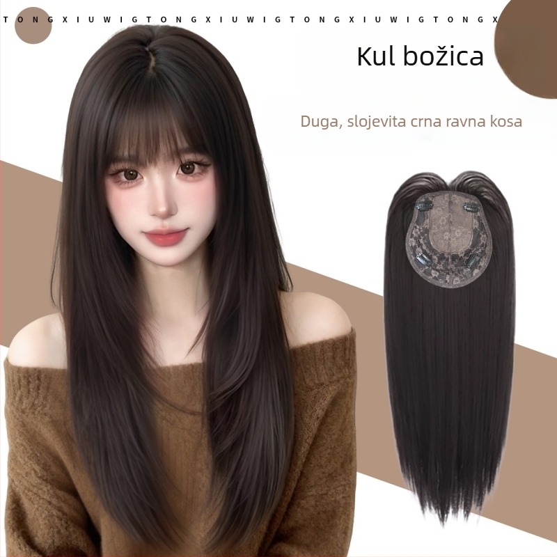 Perika za žene, model B11 dugi ravni, vlakna otporna na visoke temperature, s šiškama, mehanička konstrukcija