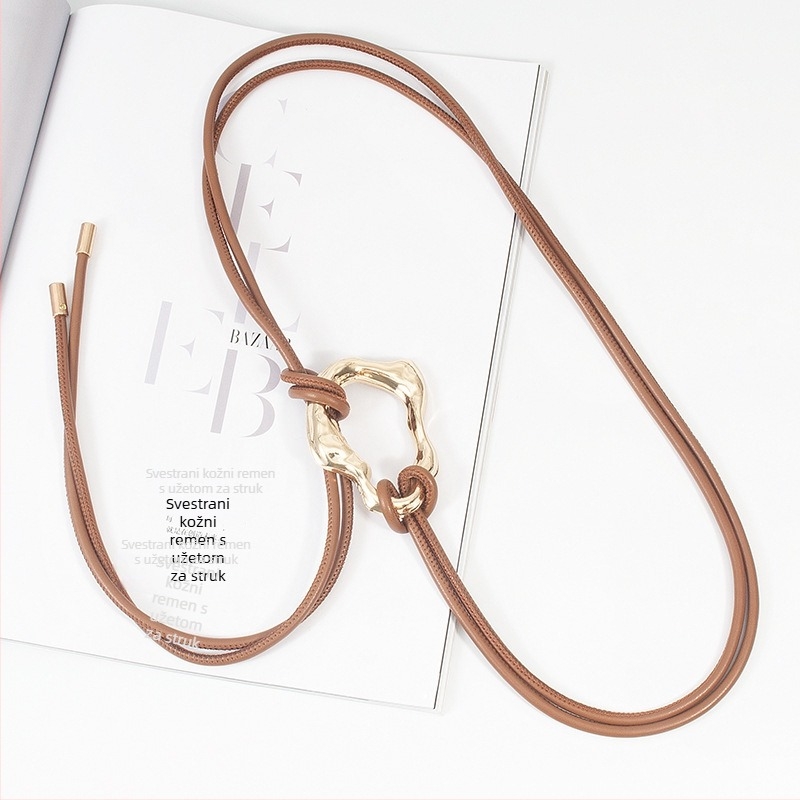 Ženski PU pojas s metalnom kopčom, zatvaranje čvorom, uska širina ispod 2 cm, elektroplatirani završetak