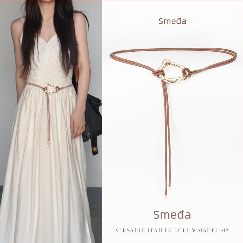 Ženski PU pojas s metalnom kopčom, zatvaranje čvorom, uska širina ispod 2 cm, elektroplatirani završetak