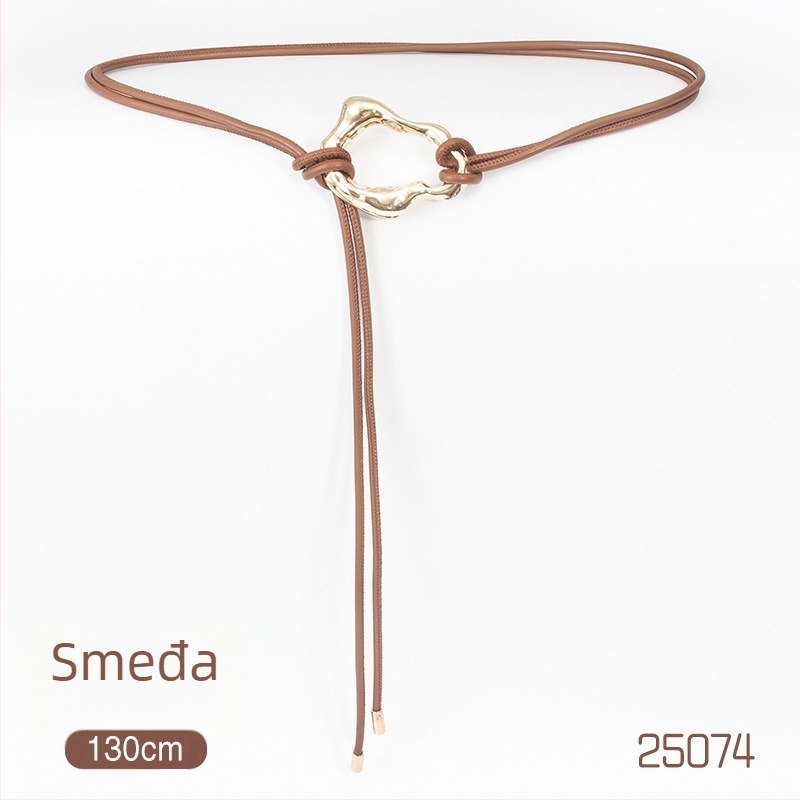 Ženski PU pojas s metalnom kopčom, zatvaranje čvorom, uska širina ispod 2 cm, elektroplatirani završetak