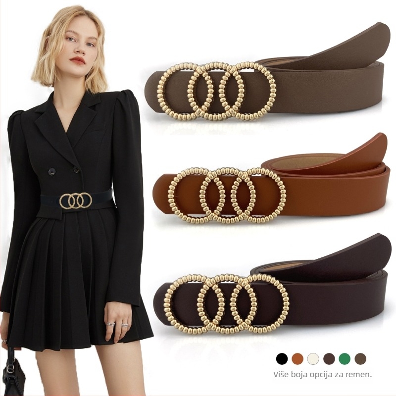 Ženski široki kaiš u korejskom stilu – PU koža, metalna kopča od legure, kopčanje na klik, širina 2–4 cm, kružni geometrijski dizajn