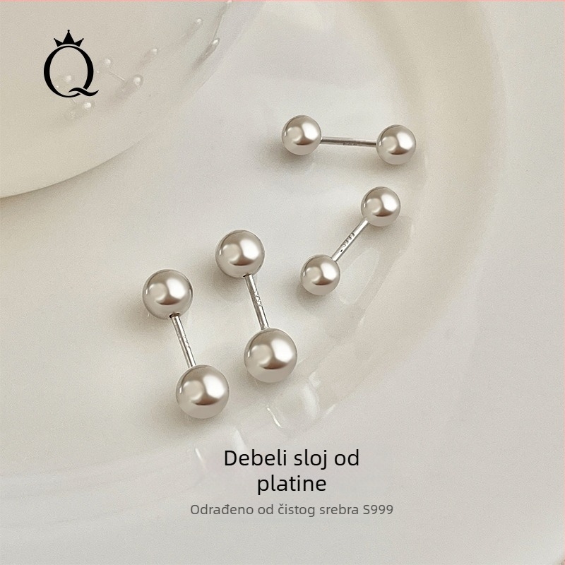 JOLLY S999 Sterling Srebro – dvostruko glavne naušnice s vijčanim zatvaračem za uho, pogodne za spavanje, polirani završetak