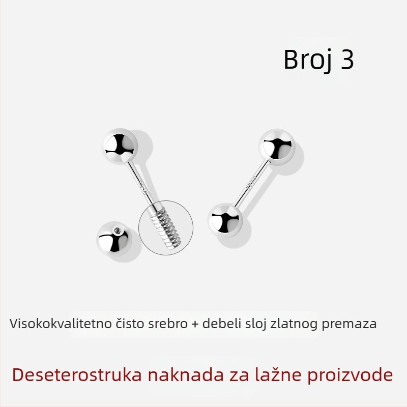 JOLLY S999 Sterling Srebro – dvostruko glavne naušnice s vijčanim zatvaračem za uho, pogodne za spavanje, polirani završetak