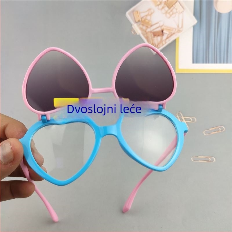 Dječje sunčane naočale s kartičnim srcem i preklopnom dekoracijom, okrugli okvir, UV380 zaštita, leće AC, okvir PC, Kategorija 2