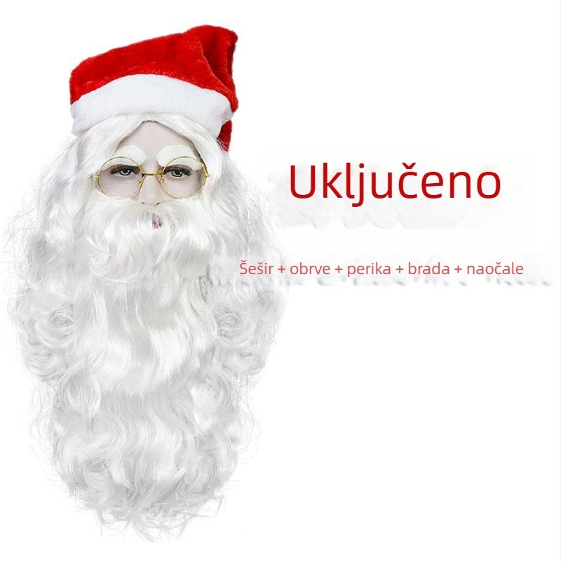 Djed Mraz kostim rekviziti: set brade i perike, ručno zvono, torba u obliku jabuke za darove, torba za slatkiše