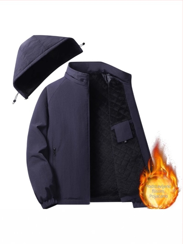 Muški kaput od pamuka s flisom, kapuljačom, zatvaračem, stojećim ovratnikom, udoban kroj, bočni džepovi