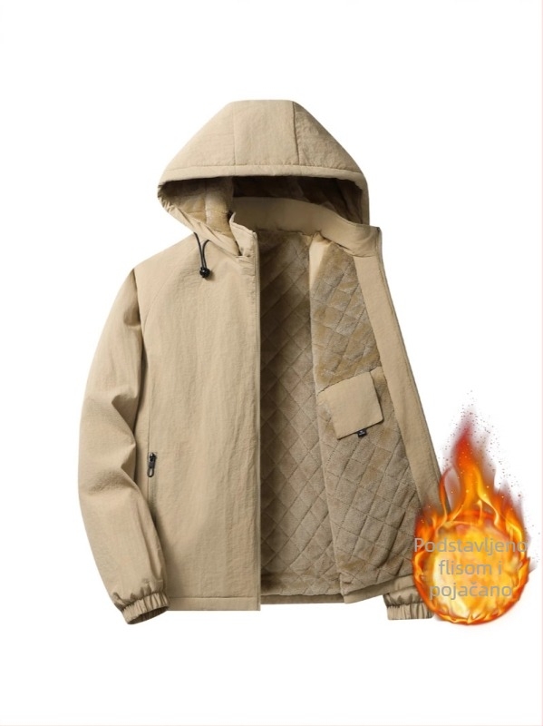 Muški kaput od pamuka s flisom, kapuljačom, zatvaračem, stojećim ovratnikom, udoban kroj, bočni džepovi