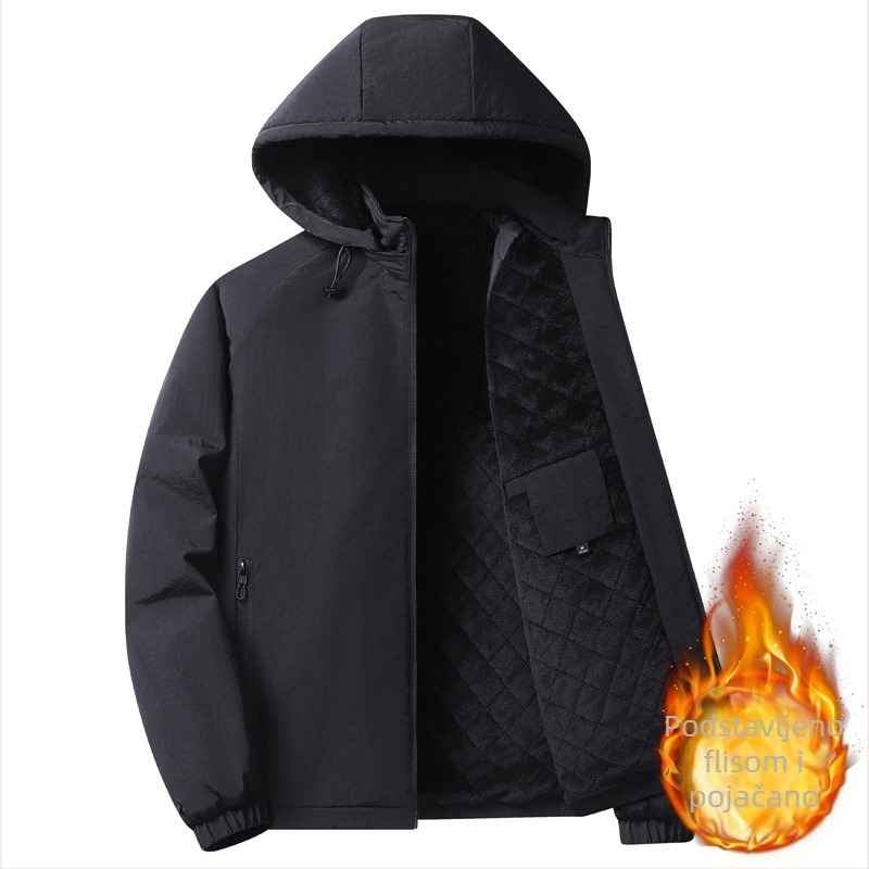 Muški kaput od pamuka s flisom, kapuljačom, zatvaračem, stojećim ovratnikom, udoban kroj, bočni džepovi