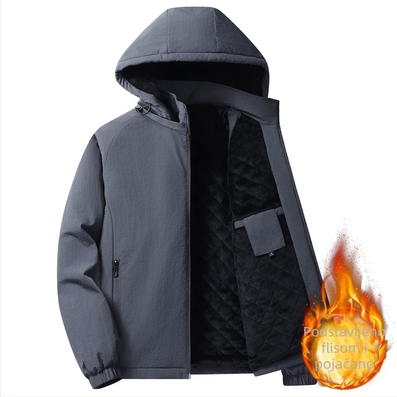 Muški kaput od pamuka s flisom, kapuljačom, zatvaračem, stojećim ovratnikom, udoban kroj, bočni džepovi