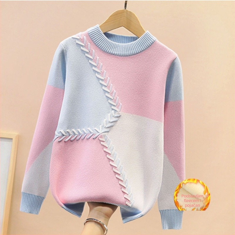 Dječji pulover za djevojčice s kariranim uzorkom, 95% pamuk, fleece podstava, dugi rukavi, pulover-stil, jesen-zima, za djecu od 8 godina