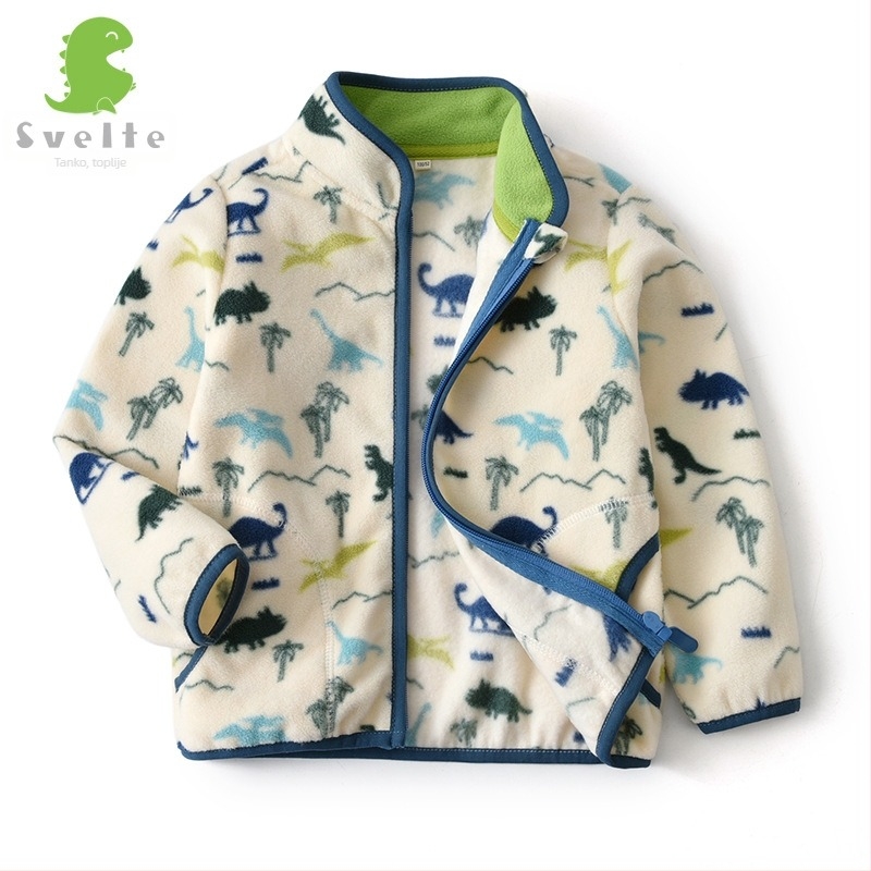 Dječja jakna od polar-flisa s dinosaurskim printom, zip, stojeći ovratnik, za dječake 3–8 godina