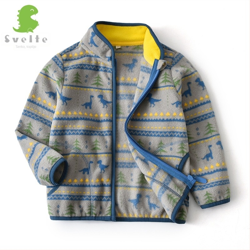 Dječja jakna od polar-flisa s dinosaurskim printom, zip, stojeći ovratnik, za dječake 3–8 godina