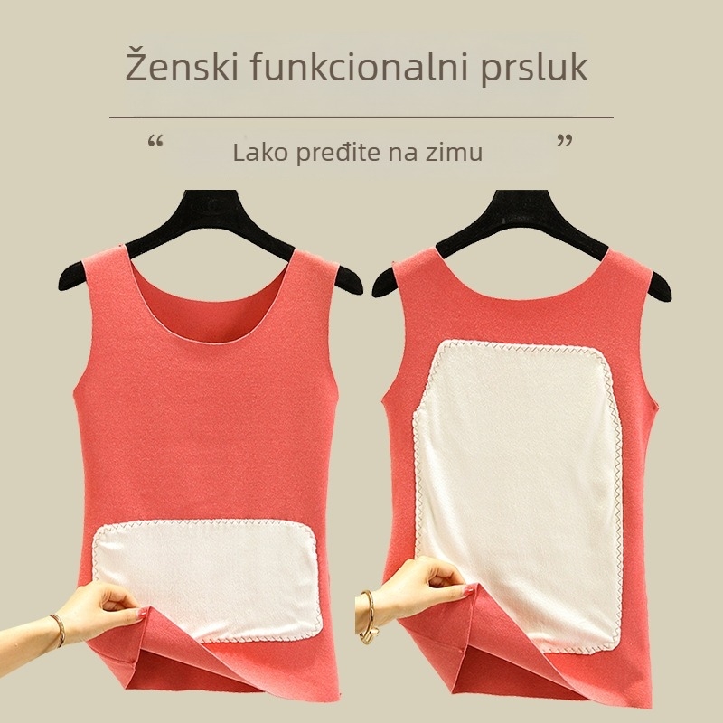 Ženski termalni prsluk s podrškom za struk i trbuh, dvostrano plišasti bezšavni, uski kroj, okrugli izrez, osnovni gornji dio za jesen i zimu