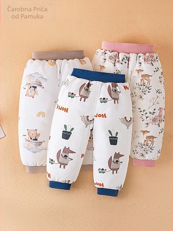 Dječje pamučne hlače za zimu, unisex, visoki pojas, podstavljene, karikaturalni uzorak, 100% pamuk, za 1–3 godine