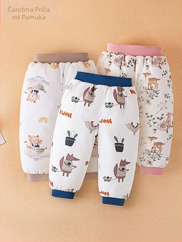 Dječje pamučne hlače za zimu, unisex, visoki pojas, podstavljene, karikaturalni uzorak, 100% pamuk, za 1–3 godine