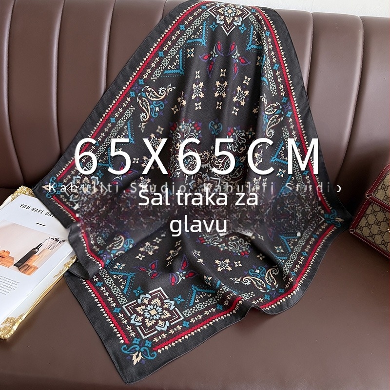 Ženski etnički kvadratni šal, lagana poliester tkanina, zaštita od sunca za vrat, 65×65 cm.