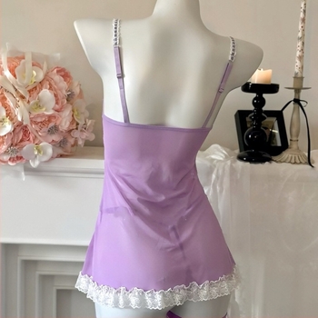 Čipkasta noćna haljina s V-izrezom, bez rukava, srednje duljine, luksuzan i plemenit stil, poliester materijal