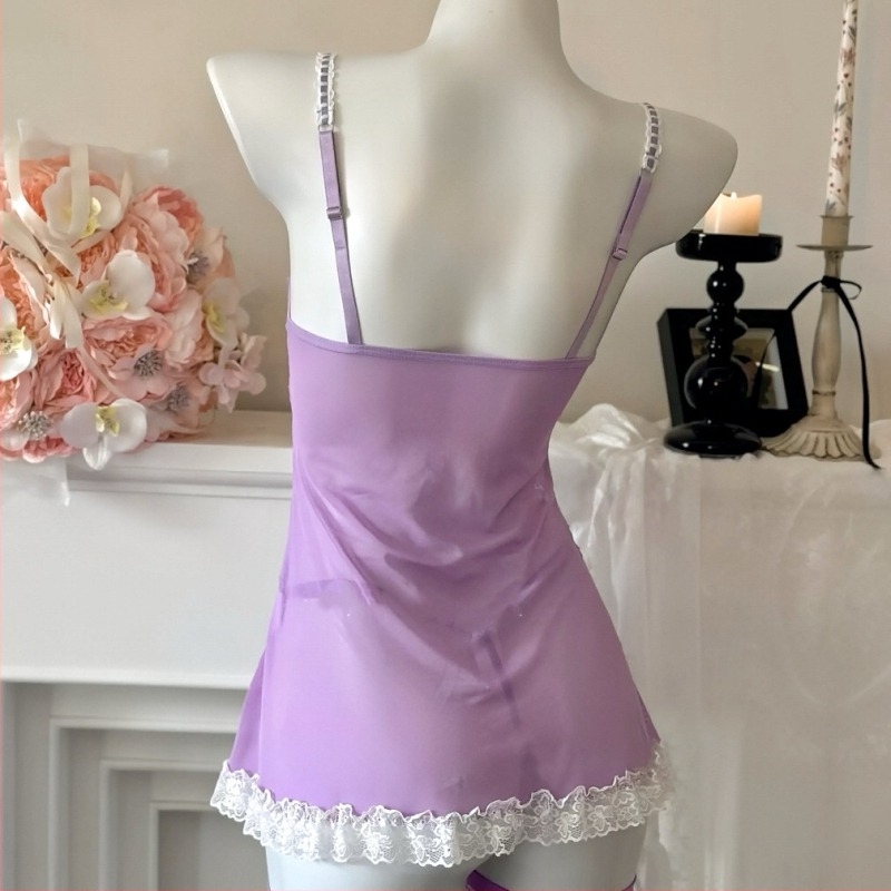 Čipkasta noćna haljina s V-izrezom, bez rukava, srednje duljine, luksuzan i plemenit stil, poliester materijal