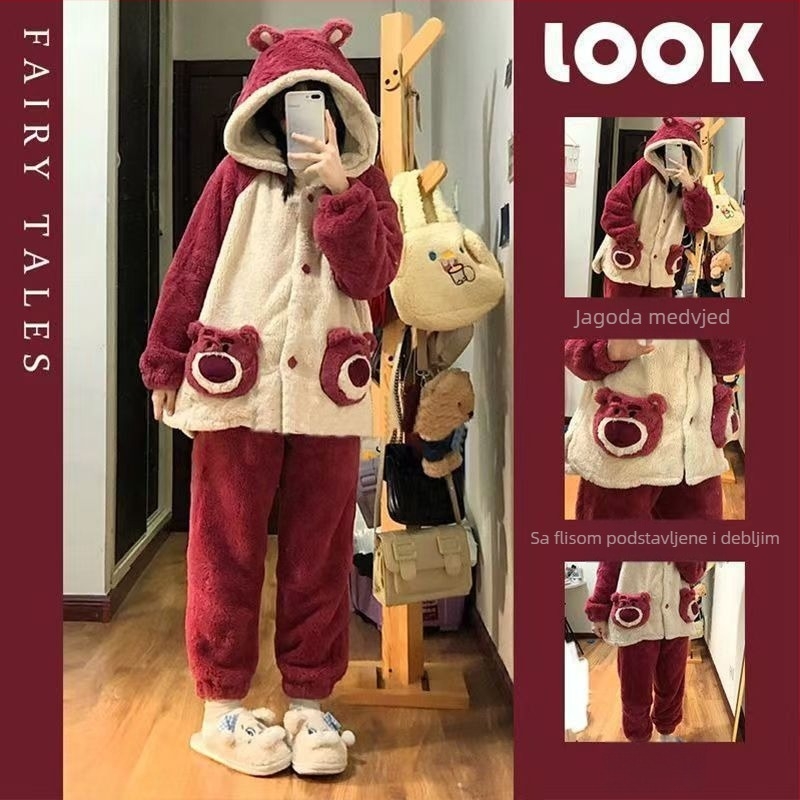 Ženske pidžame s kapuljom, fleece podstava, od elastičnog pamuka, ekstra debeli, dugi rukavi, zimska toplina