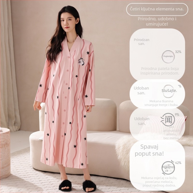 Ženska duga noćna haljina od pamuka, kardigan stil, duge rukave, V-rez, dugački kroj, pogodno za proljeće i jesen