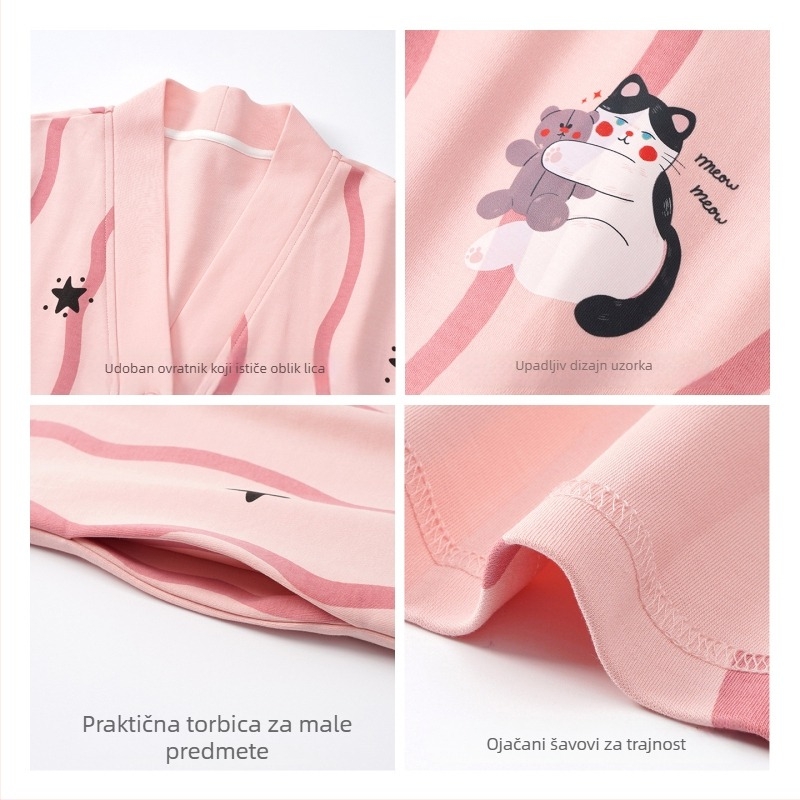 Ženska duga noćna haljina od pamuka, kardigan stil, duge rukave, V-rez, dugački kroj, pogodno za proljeće i jesen