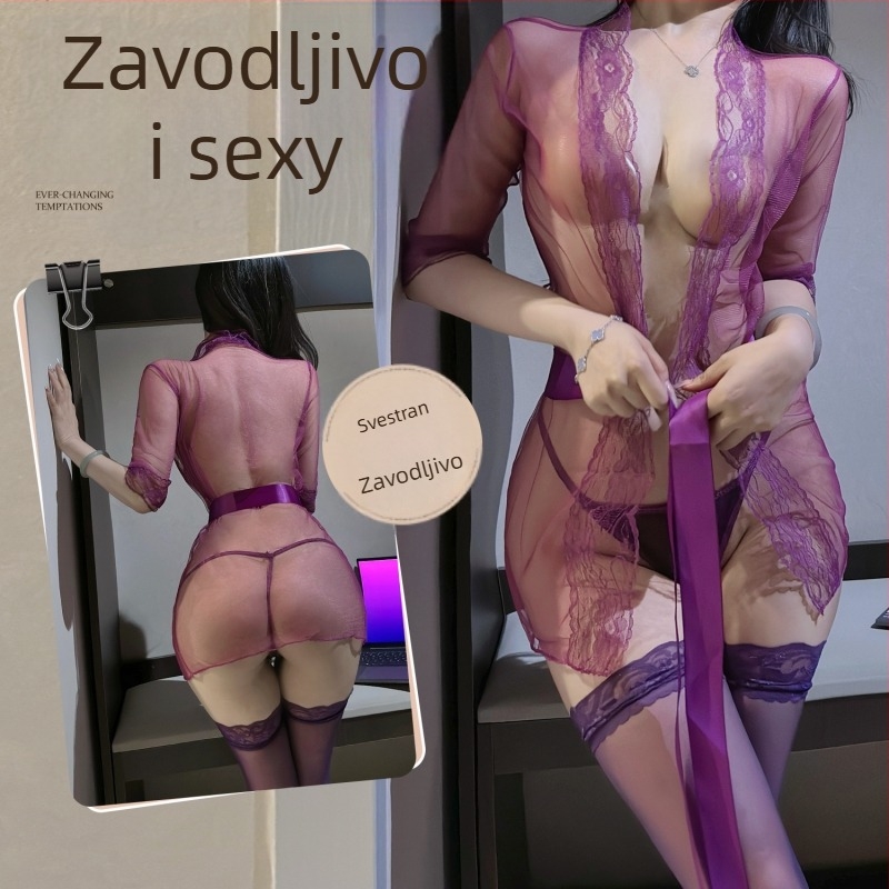 Čipkasti prozirni noćni set s vezivanjem za žene, poliester tkanina, 95–100% poliester