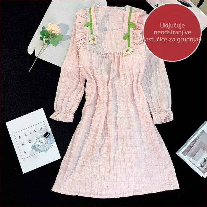 Ženska noćna haljina s dugim rukavima, proljeće-jesen, cloud cotton tkanina, čipkasti rub, pull-over kroj, tanko platno, težina 181–200 g/m²