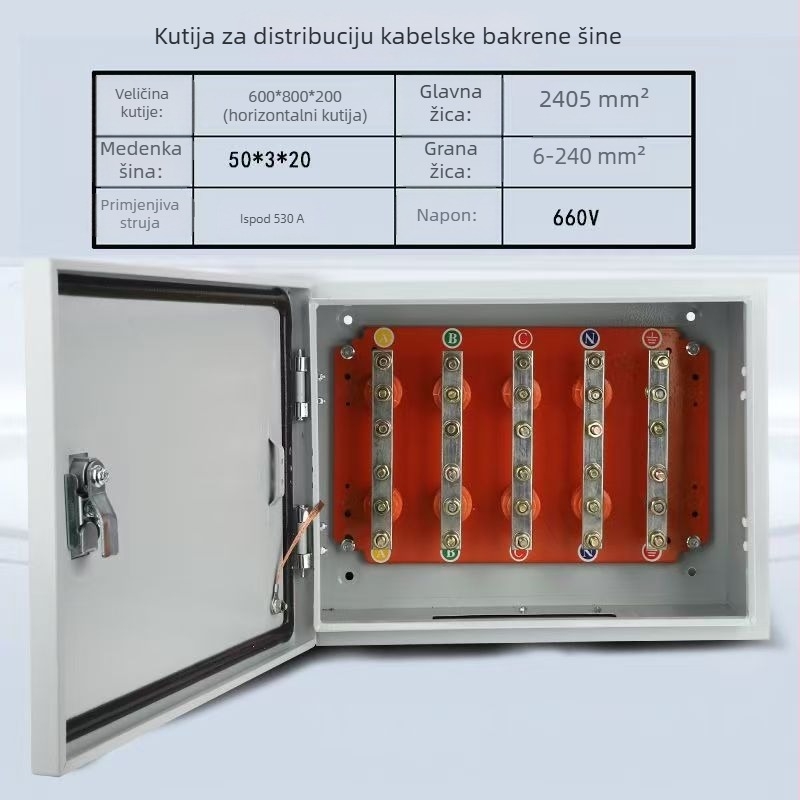 Izolirana T-razvodna kutija za kabelske grane s bakrenom šinom, zidna montaža, IP40, kućište od hladno valjanog čelika, prilagodljivo