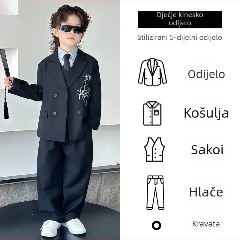 Dječji kostim u kineskom stilu, dvostruko kopčani sako od poliestera za klavirske nastupe, proljeće i jesen, uzrast 3–8 godina