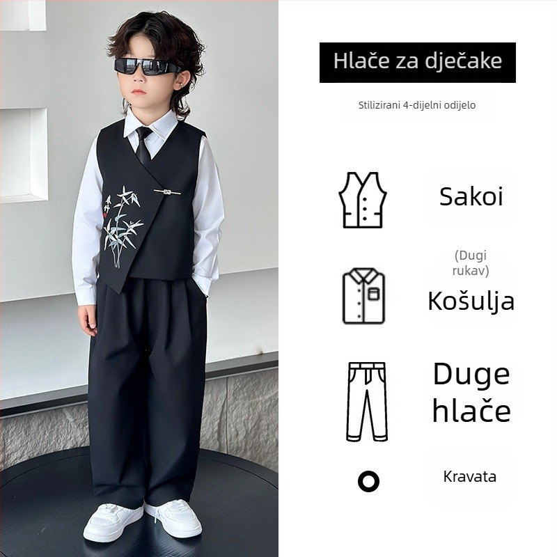 Dječji kostim u kineskom stilu, dvostruko kopčani sako od poliestera za klavirske nastupe, proljeće i jesen, uzrast 3–8 godina