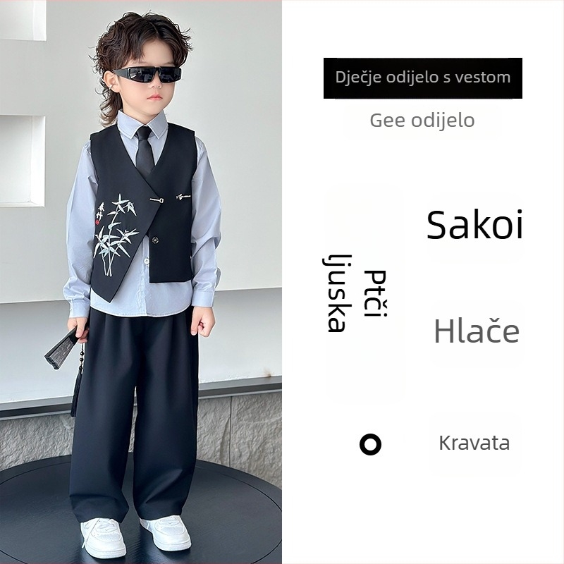 Dječji kostim u kineskom stilu, dvostruko kopčani sako od poliestera za klavirske nastupe, proljeće i jesen, uzrast 3–8 godina