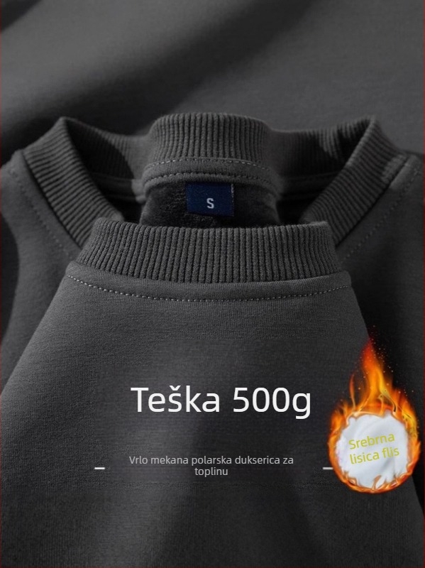 Muški džemper s flecom iznutra, težak 500 g, širokim krojem, okrugli izrez, jednobojan, zimska odjeća