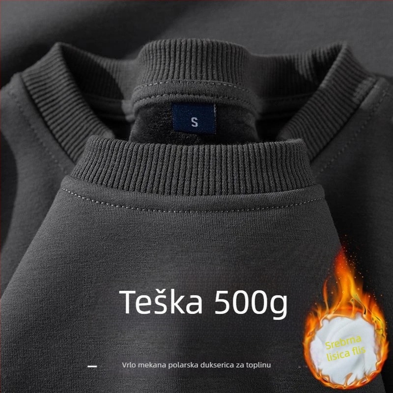 Muški džemper s flecom iznutra, težak 500 g, širokim krojem, okrugli izrez, jednobojan, zimska odjeća