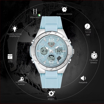 Sportski sat za tinejdžerice s luminizirajućim prikazom, vodootporan 50 m, kalendar (dan u tjednu, mjesec), alarm i kronograf, analogno-digitalni prikaz