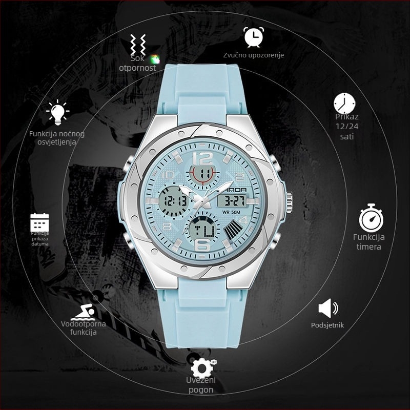 Sportski sat za tinejdžerice s luminizirajućim prikazom, vodootporan 50 m, kalendar (dan u tjednu, mjesec), alarm i kronograf, analogno-digitalni prikaz