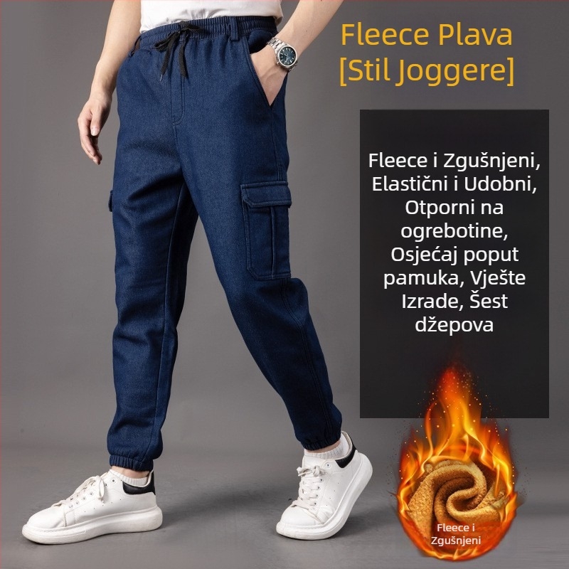 Muške traperice za jesen-zimu s fleeceom, opuštena ravna kroja, plus veličina