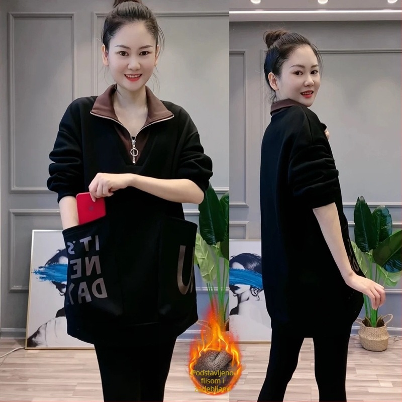 Ženska hoodica s kapuljom, opuštena silueta, srednja duljina do kukova, stojeći ovratnik, velika džep, dugi rukavi, japansko-korejski casual stil, lažni dvodijelni izgled, proljeće-jesen 2025