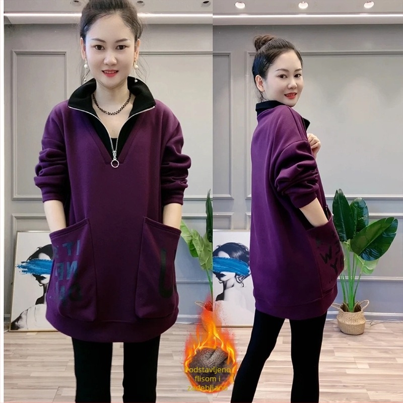 Ženska hoodica s kapuljom, opuštena silueta, srednja duljina do kukova, stojeći ovratnik, velika džep, dugi rukavi, japansko-korejski casual stil, lažni dvodijelni izgled, proljeće-jesen 2025