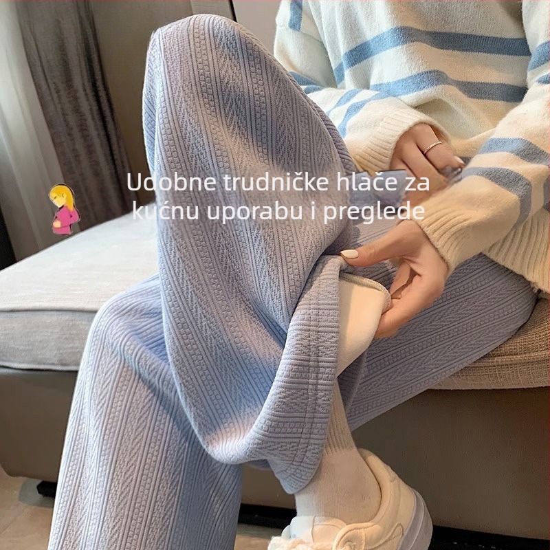 Hlače za trudnice za jesen i zimu, Chenille tkanina, Spandex 90–95%, flis podstava, podrška trbuhu, široki kroj