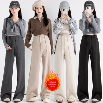 Trudničke hlače od imitacijskog kašmira, labav kroj, podrška trbuhu, podstavljene fleesom, s vezicom